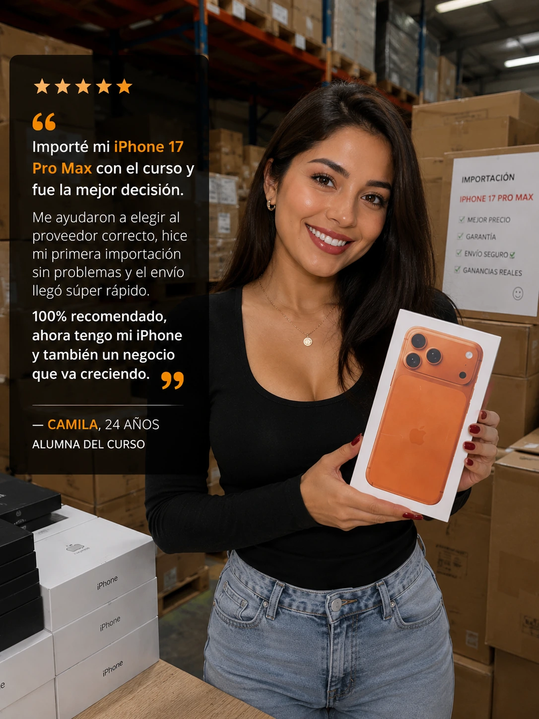 Camila, alumna del curso, con un iPhone importado